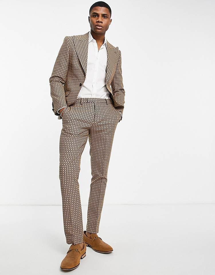 Twisted Tailor Malto skinny suit pants in light brown micro check